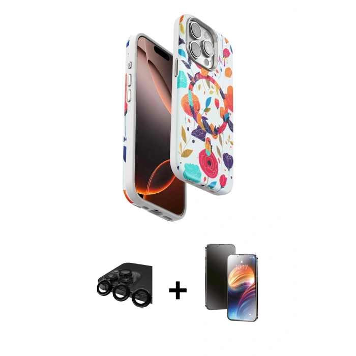 MARSİLYAN™- iPhone 15 Pro Max Kılıf Siluet Doku - Siyah 3D Antistatik Mat Seramik Nano Ekran Koruyucu + Raze Metal Kamera Lens - SH