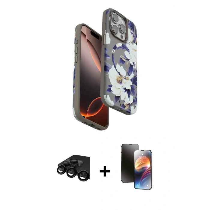 MARSİLYAN™- iPhone 15 Pro Max Kılıf Siluet Doku - Siyah 3D Antistatik Mat Seramik Nano Ekran Koruyucu + Raze Metal Kamera Lens - SH