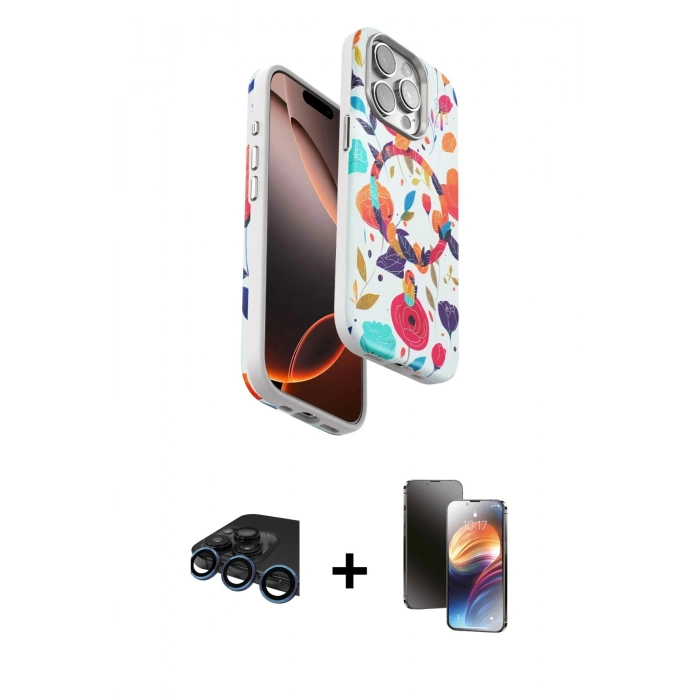 MARSİLYAN™- iPhone 15 Pro Max Kılıf Siluet Doku - Siyah 3D Antistatik Mat Seramik Nano Ekran Koruyucu + Raze Metal Kamera Lens - LT