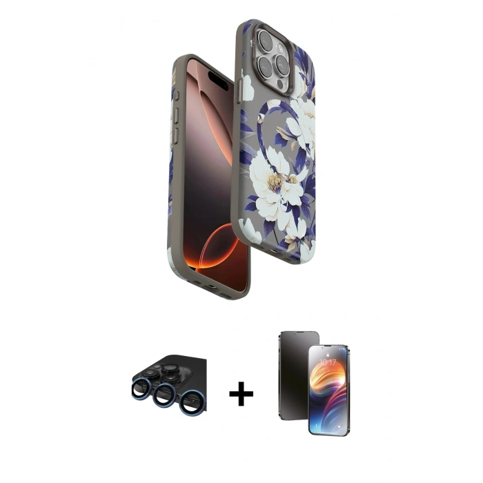 MARSİLYAN™- iPhone 15 Pro Max Kılıf Siluet Doku - Siyah 3D Antistatik Mat Seramik Nano Ekran Koruyucu + Raze Metal Kamera Lens - LT