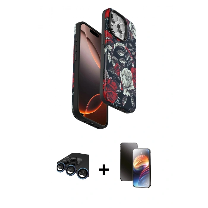 MARSİLYAN™- iPhone 15 Pro Max Kılıf Siluet Doku - Siyah 3D Antistatik Mat Seramik Nano Ekran Koruyucu + Raze Metal Kamera Lens - LT