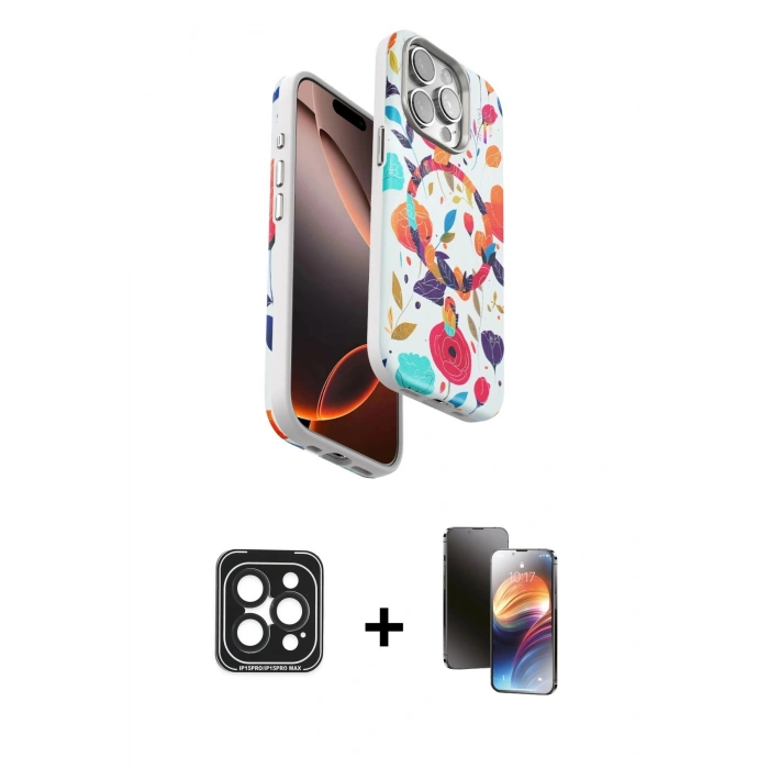 MARSİLYAN™- iPhone 15 Pro Max Kılıf Siluet Doku - Siyah 3D Antistatik Mat Seramik Nano Ekran Koruyucu + PVD Metal Kamera Lens - SH