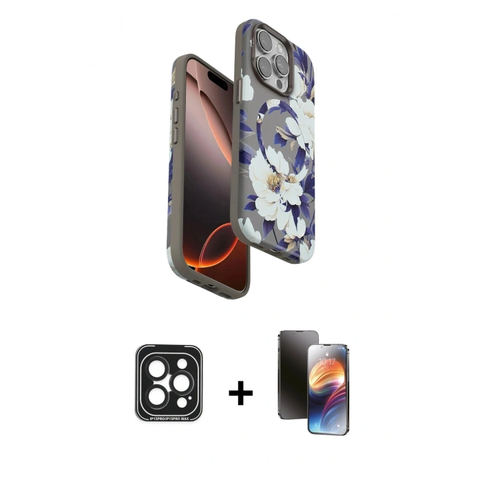 MARSİLYAN™- iPhone 15 Pro Max Kılıf Siluet Doku - Siyah 3D Antistatik Mat Seramik Nano Ekran Koruyucu + PVD Metal Kamera Lens - SH
