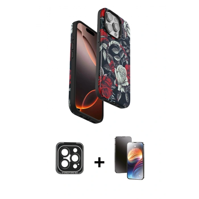 MARSİLYAN™- iPhone 15 Pro Max Kılıf Siluet Doku - Siyah 3D Antistatik Mat Seramik Nano Ekran Koruyucu + PVD Metal Kamera Lens - SH