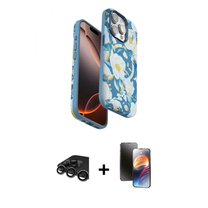 MARSİLYAN™- iPhone 15 Pro Max Kılıf Siluet Doku - Siyah 3D Antistatik Mat Seramik Nano Ekran Koruyucu + Raze Metal Kamera Lens - TMGI