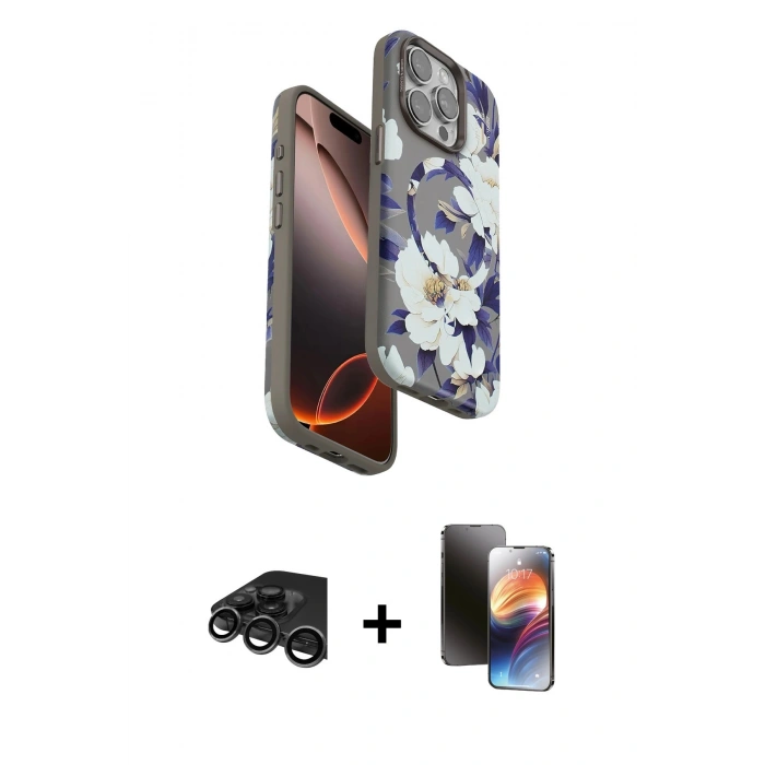 MARSİLYAN™- iPhone 15 Pro Max Kılıf Siluet Doku - Siyah 3D Antistatik Mat Seramik Nano Ekran Koruyucu + Raze Metal Kamera Lens - TMGI