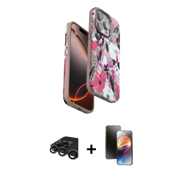 MARSİLYAN™- iPhone 15 Pro Max Kılıf Siluet Doku - Siyah 3D Antistatik Mat Seramik Nano Ekran Koruyucu + Raze Metal Kamera Lens - TMGI
