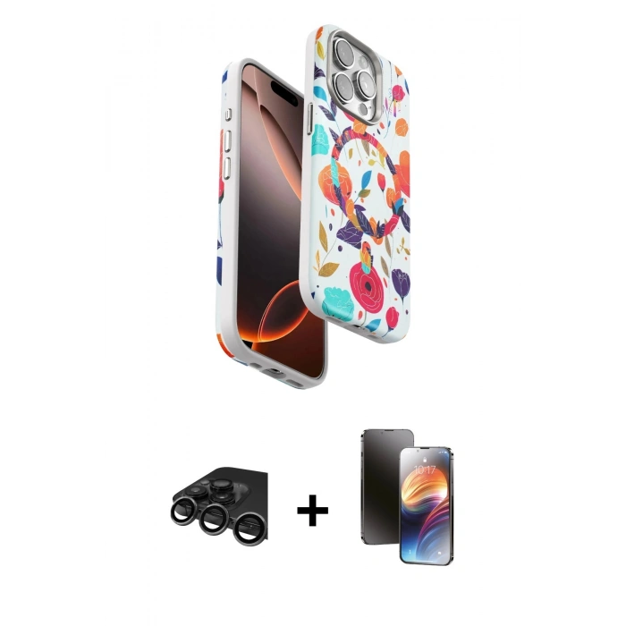 MARSİLYAN™- iPhone 15 Pro Max Kılıf Siluet Doku - Siyah 3D Antistatik Mat Seramik Nano Ekran Koruyucu + Raze Metal Kamera Lens - TMGI