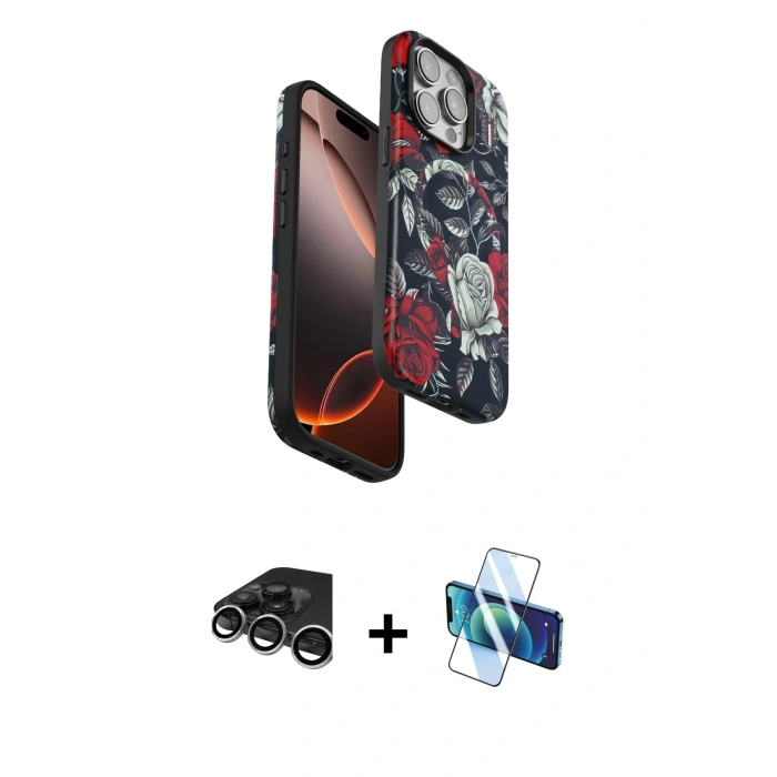 MARSİLYAN™- iPhone 15 Pro Max Kılıf Siluet Doku - Siyah 3D Antistatik Seramik Nano Ekran Koruyucu + Gümüş Raze Metal Kamera Lens