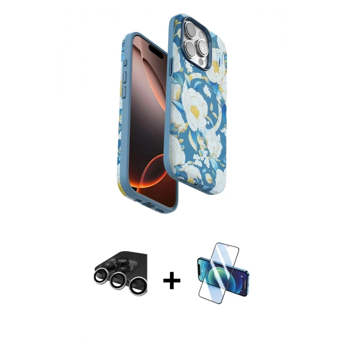 MARSİLYAN™- iPhone 15 Pro Max Kılıf Siluet Doku - Siyah 3D Antistatik Seramik Nano Ekran Koruyucu + Gümüş Raze Metal Kamera Lens