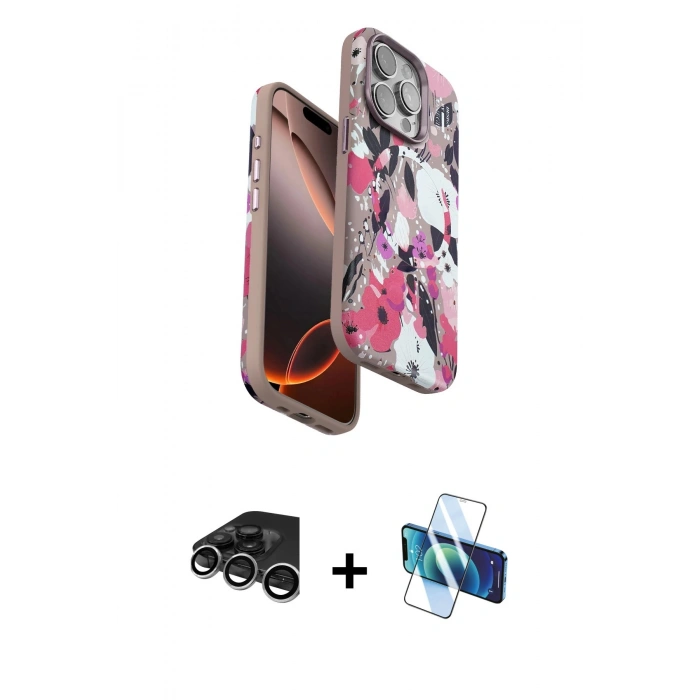 MARSİLYAN™- iPhone 15 Pro Max Kılıf Siluet Doku - Siyah 3D Antistatik Seramik Nano Ekran Koruyucu + Gümüş Raze Metal Kamera Lens