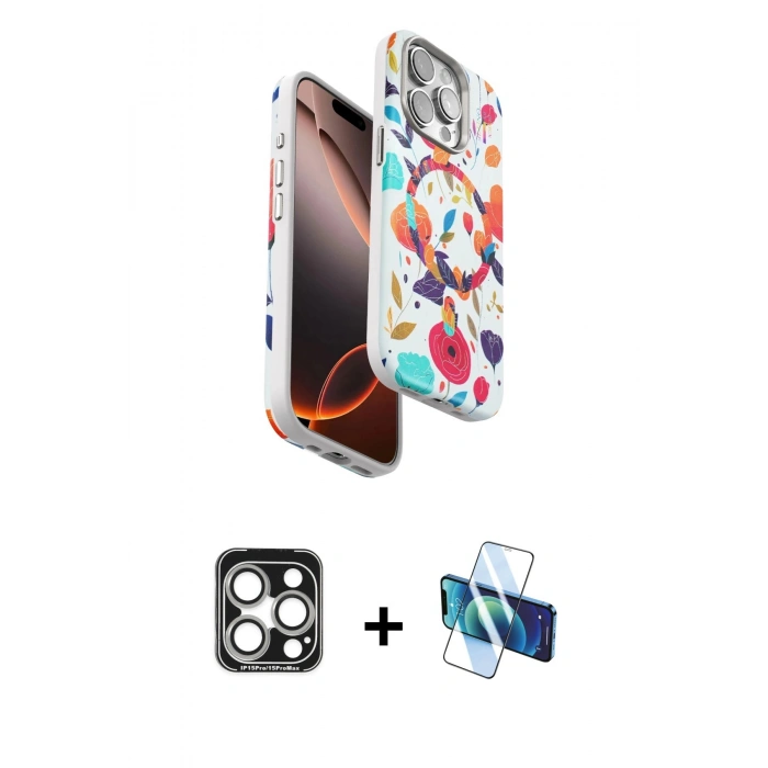 MARSİLYAN™- iPhone 15 Pro Max Kılıf Siluet Doku - Siyah 3D Antistatik Seramik Nano Ekran Koruyucu + Gümüş PVD Metal Kamera Lens