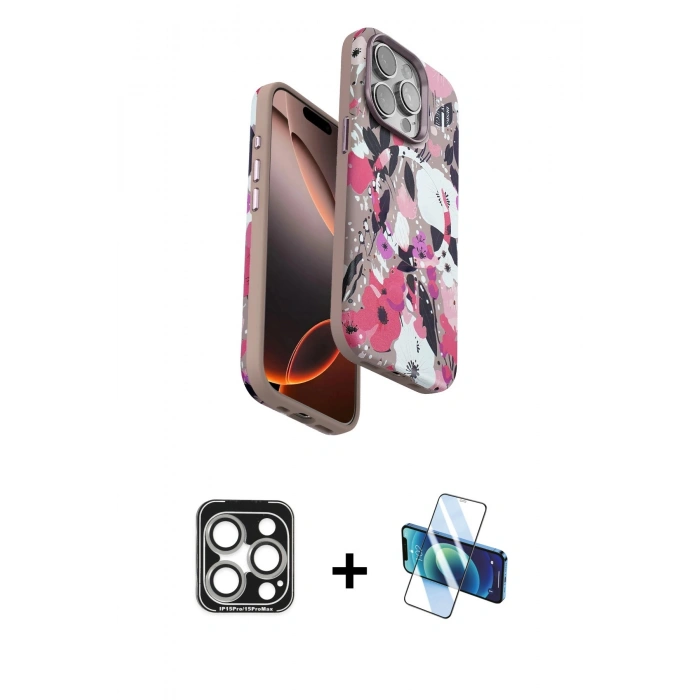 MARSİLYAN™- iPhone 15 Pro Max Kılıf Siluet Doku - Siyah 3D Antistatik Seramik Nano Ekran Koruyucu + Gümüş PVD Metal Kamera Lens