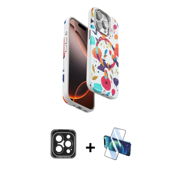 MARSİLYAN™- iPhone 15 Pro Max Kılıf Siluet Doku - Siyah 3D Antistatik Seramik Nano Ekran Koruyucu + PVD Metal Kamera Lens - SH