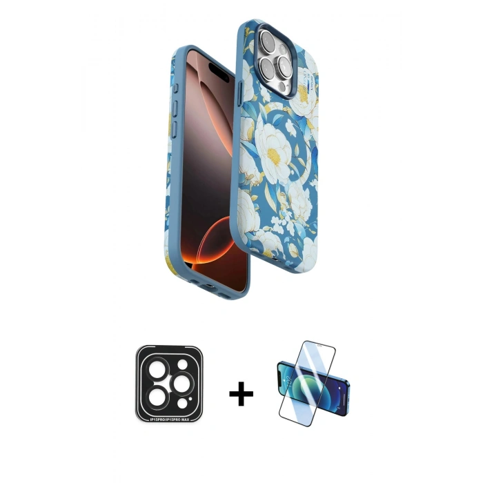MARSİLYAN™- iPhone 15 Pro Max Kılıf Siluet Doku - Siyah 3D Antistatik Seramik Nano Ekran Koruyucu + PVD Metal Kamera Lens - SH