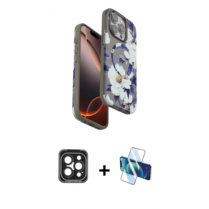 MARSİLYAN™- iPhone 15 Pro Max Kılıf Siluet Doku - Siyah 3D Antistatik Seramik Nano Ekran Koruyucu + PVD Metal Kamera Lens - SH