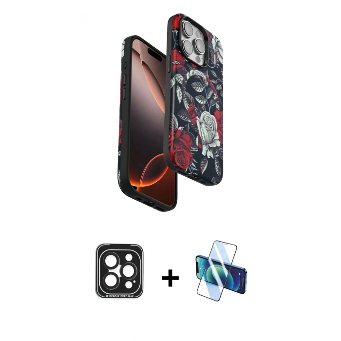 MARSİLYAN™- iPhone 15 Pro Max Kılıf Siluet Doku - Siyah 3D Antistatik Seramik Nano Ekran Koruyucu + PVD Metal Kamera Lens - SH