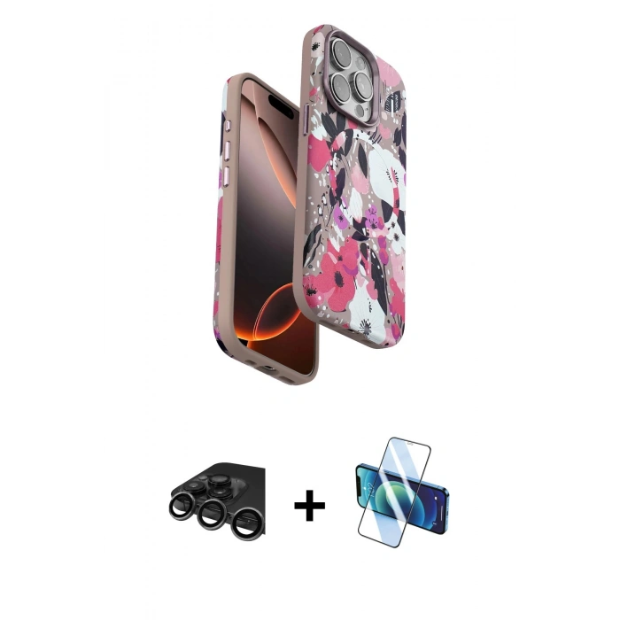 MARSİLYAN™- iPhone 15 Pro Max Kılıf Siluet Doku - Siyah 3D Antistatik Seramik Nano Ekran Koruyucu + Raze Metal Kamera Lens - TMGI