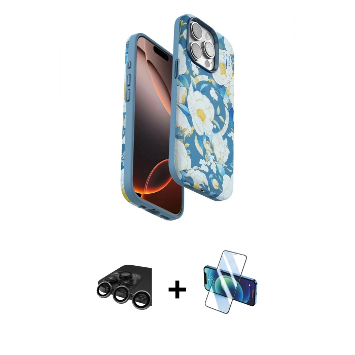 MARSİLYAN™- iPhone 15 Pro Max Kılıf Siluet Doku - Siyah 3D Antistatik Seramik Nano Ekran Koruyucu + Raze Metal Kamera Lens - TMGI