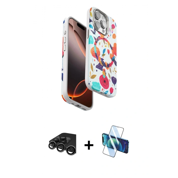 MARSİLYAN™- iPhone 15 Pro Max Kılıf Siluet Doku - Siyah 3D Antistatik Seramik Nano Ekran Koruyucu + Raze Metal Kamera Lens - TMGI