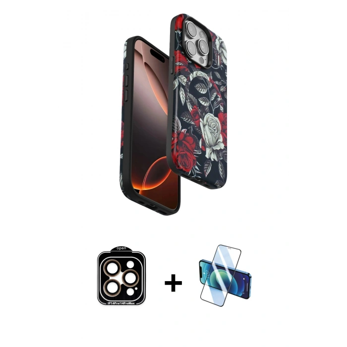 MARSİLYAN™- iPhone 15 Pro Max Kılıf Siluet Doku - Siyah 3D Antistatik Seramik Nano Ekran Koruyucu + PVD Metal Kamera Lens - TU