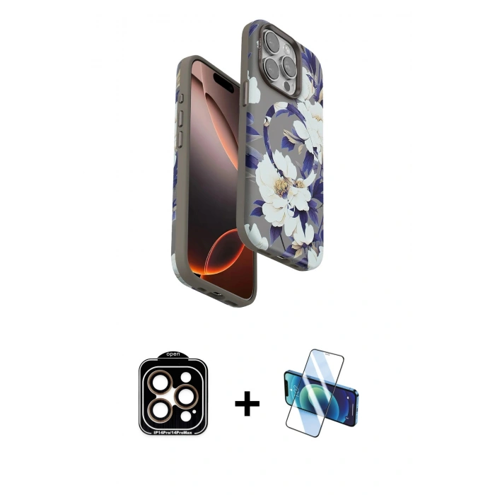 MARSİLYAN™- iPhone 15 Pro Max Kılıf Siluet Doku - Siyah 3D Antistatik Seramik Nano Ekran Koruyucu + PVD Metal Kamera Lens - TU
