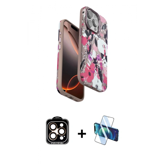 MARSİLYAN™- iPhone 15 Pro Max Kılıf Siluet Doku - Siyah 3D Antistatik Seramik Nano Ekran Koruyucu + PVD Metal Kamera Lens - TU