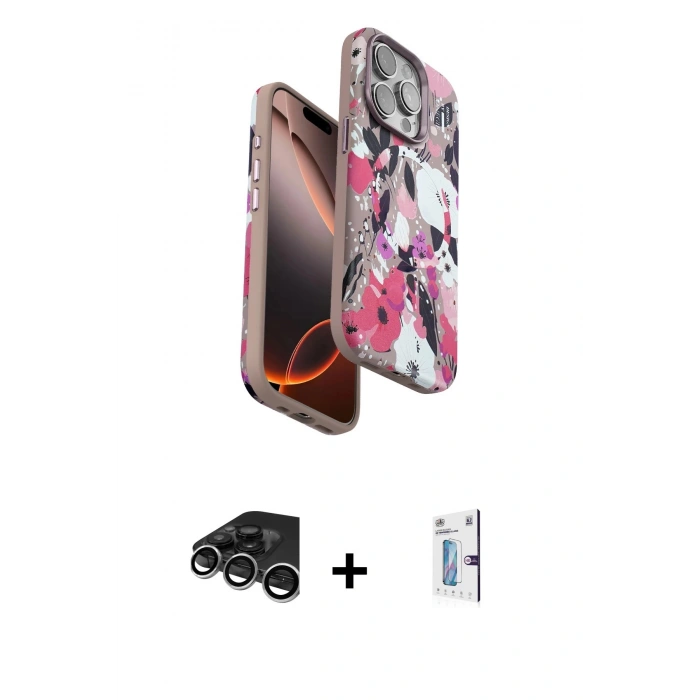 MARSİLYAN™- iPhone 15 Pro Max Kılıf Siluet Doku - Siyah Bilvis 0.18mm Plus Cam Ekran Koruyucu + Gümüş Raze Metal Kamera Lens