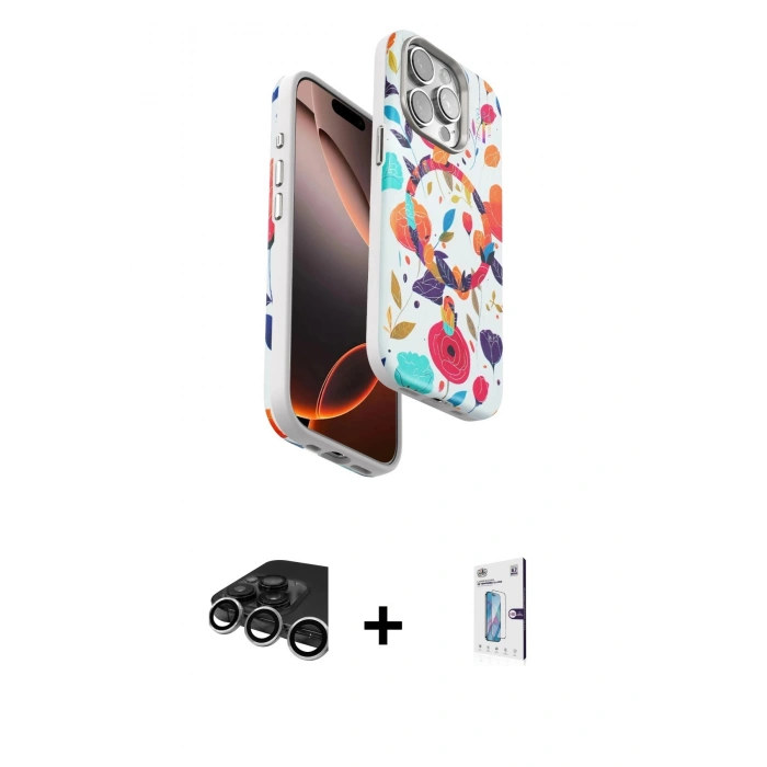 MARSİLYAN™- iPhone 15 Pro Max Kılıf Siluet Doku - Siyah Bilvis 0.18mm Plus Cam Ekran Koruyucu + Gümüş Raze Metal Kamera Lens