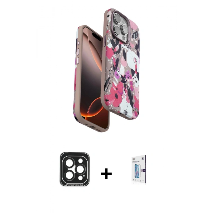 MARSİLYAN™- iPhone 15 Pro Max Kılıf Siluet Doku - Siyah Bilvis 0.18mm Plus Cam Ekran Koruyucu + PVD Metal Kamera Lens - SH