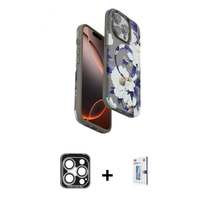 MARSİLYAN™- iPhone 15 Pro Max Kılıf Siluet Doku - Siyah Bilvis 0.18mm Plus Cam Ekran Koruyucu + PVD Metal Kamera Lens - GS