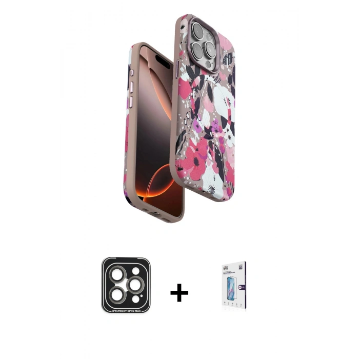 MARSİLYAN™- iPhone 15 Pro Max Kılıf Siluet Doku - Siyah Bilvis 0.18mm Plus Cam Ekran Koruyucu + PVD Metal Kamera Lens - GI