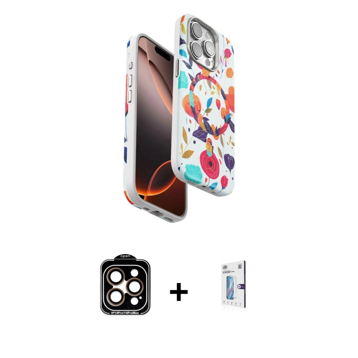 MARSİLYAN™- iPhone 15 Pro Max Kılıf Siluet Doku - Siyah Bilvis 0.18mm Plus Cam Ekran Koruyucu + PVD Metal Kamera Lens - TU