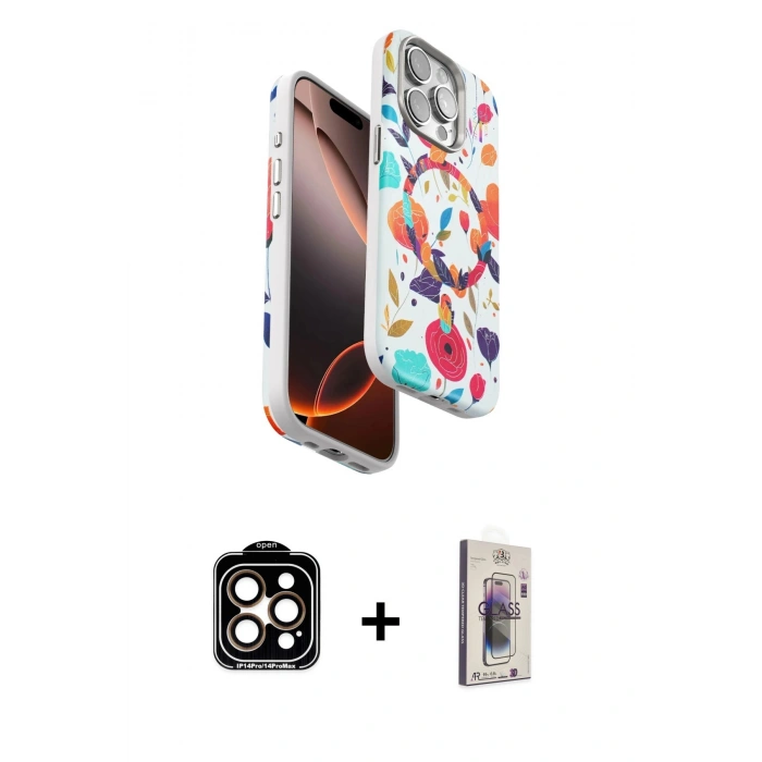 MARSİLYAN™- iPhone 15 Pro Max Kılıf Siluet Doku - Siyah Bilvis 3D Cam Ekran Koruyucu + PVD Metal Kamera Lens - TU