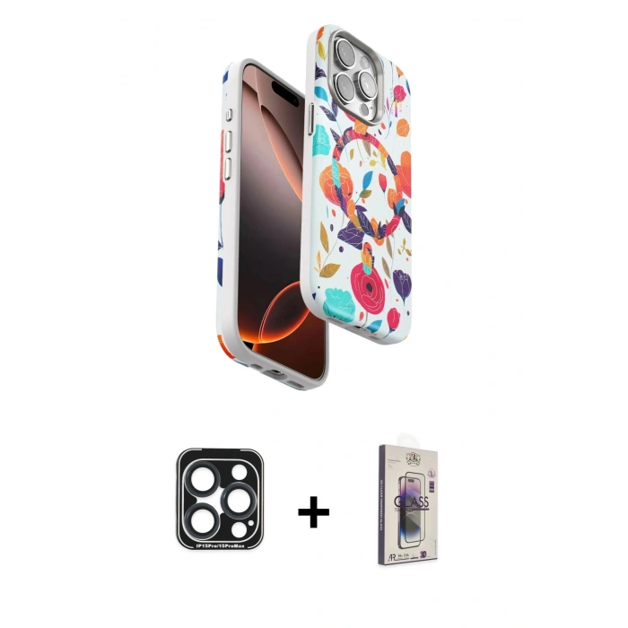 MARSİLYAN™- iPhone 15 Pro Max Kılıf Siluet Doku - Siyah Bilvis 3D Cam Ekran Koruyucu + PVD Metal Kamera Lens - LT