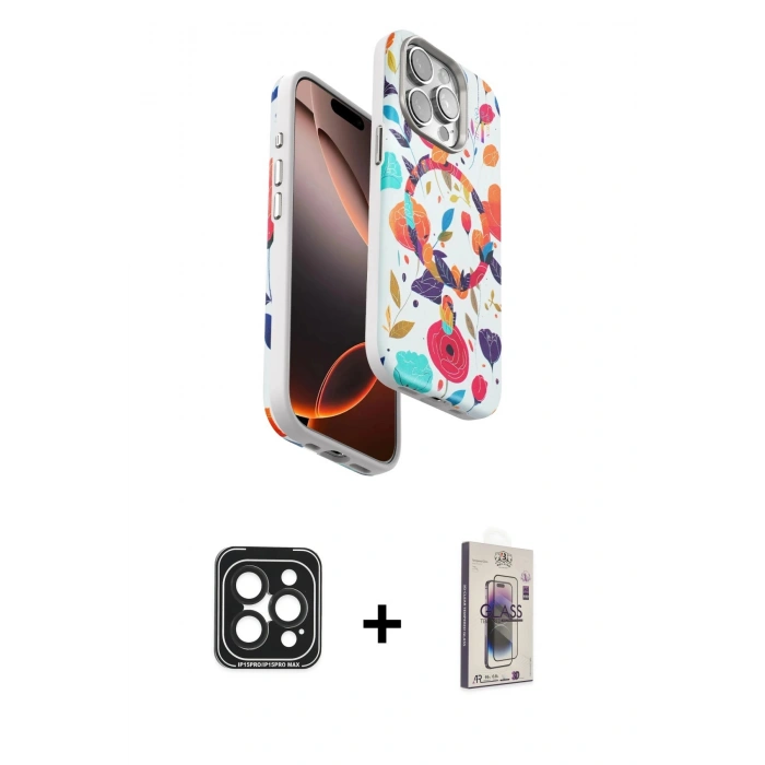 MARSİLYAN™- iPhone 15 Pro Max Kılıf Siluet Doku - Siyah Bilvis 3D Cam Ekran Koruyucu + PVD Metal Kamera Lens - SH