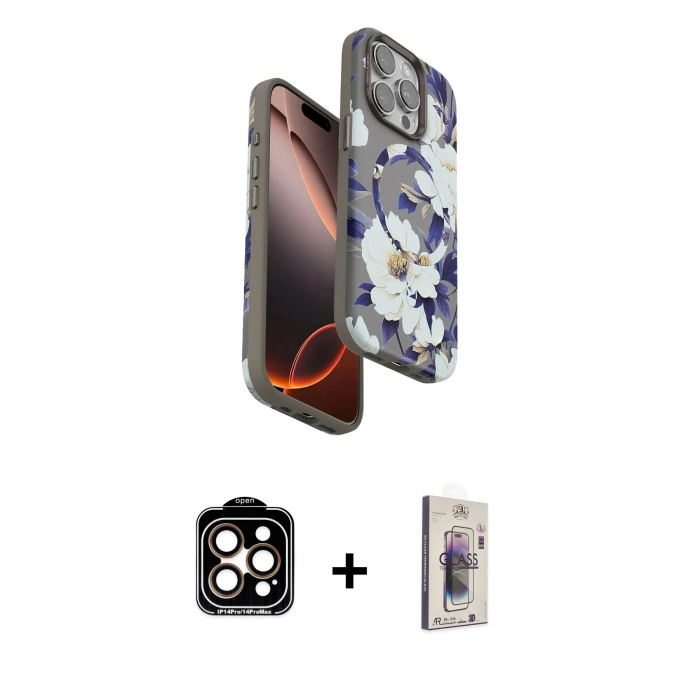 MARSİLYAN™- iPhone 15 Pro Max Kılıf Siluet Doku - Siyah Bilvis 3D Cam Ekran Koruyucu + PVD Metal Kamera Lens - TU