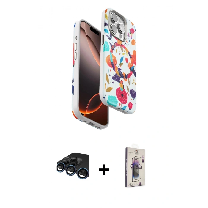 MARSİLYAN™- iPhone 15 Pro Max Kılıf Siluet Doku - Siyah Bilvis 3D Cam Ekran Koruyucu + Raze Metal Kamera Lens - LT