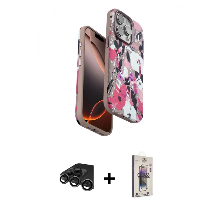 MARSİLYAN™- iPhone 15 Pro Max Kılıf Siluet Doku - Siyah Bilvis 3D Cam Ekran Koruyucu + Raze Metal Kamera Lens - TMGI