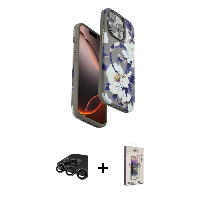MARSİLYAN™- iPhone 15 Pro Max Kılıf Siluet Doku - Siyah Bilvis 3D Cam Ekran Koruyucu + Raze Metal Kamera Lens - TMGI