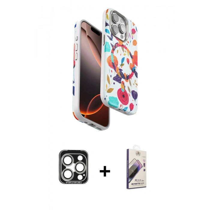MARSİLYAN™- iPhone 15 Pro Max Kılıf Siluet Doku - Siyah Bilvis 3D Mat Cam Ekran Koruyucu + PVD Metal Kamera Lens - GS