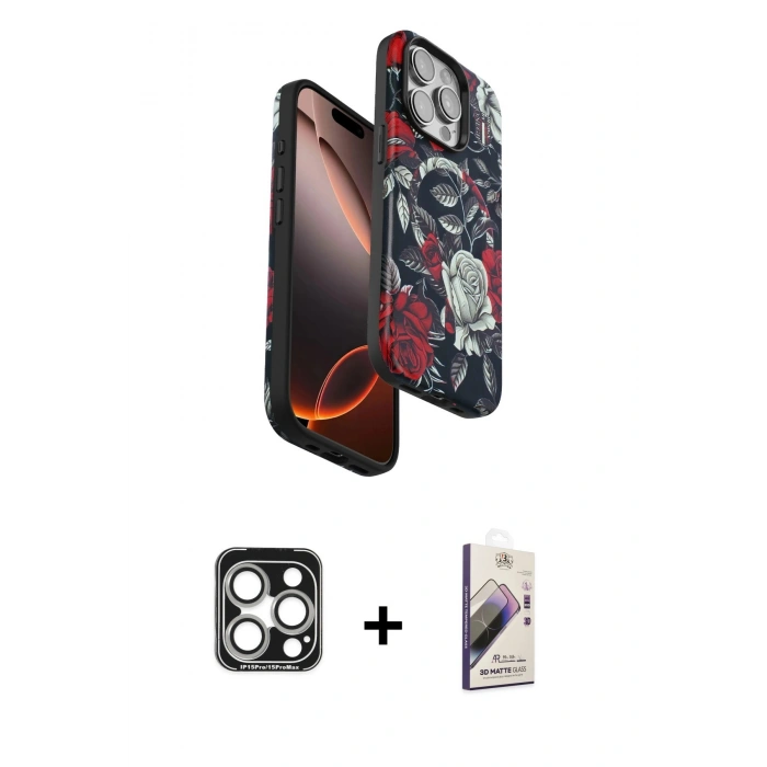 MARSİLYAN™- iPhone 15 Pro Max Kılıf Siluet Doku - Siyah Bilvis 3D Mat Cam Ekran Koruyucu + PVD Metal Kamera Lens - GS