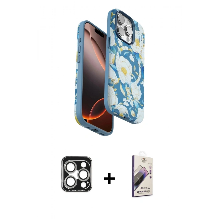 MARSİLYAN™- iPhone 15 Pro Max Kılıf Siluet Doku - Siyah Bilvis 3D Mat Cam Ekran Koruyucu + PVD Metal Kamera Lens - GS