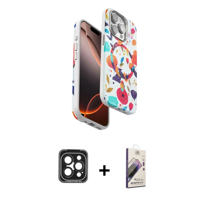 MARSİLYAN™- iPhone 15 Pro Max Kılıf Siluet Doku - Siyah Bilvis 3D Mat Cam Ekran Koruyucu + PVD Metal Kamera Lens - SH