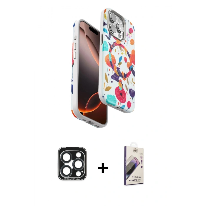 MARSİLYAN™- iPhone 15 Pro Max Kılıf Siluet Doku - Siyah Bilvis 3D Mat Cam Ekran Koruyucu + PVD Metal Kamera Lens - LT