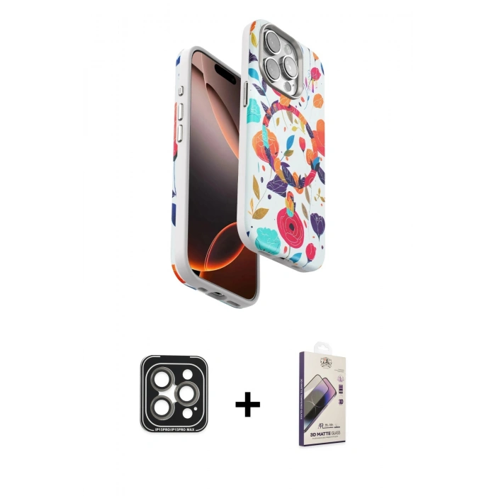 MARSİLYAN™- iPhone 15 Pro Max Kılıf Siluet Doku - Siyah Bilvis 3D Mat Cam Ekran Koruyucu + PVD Metal Kamera Lens - GI