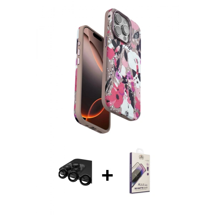 MARSİLYAN™- iPhone 15 Pro Max Kılıf Siluet Doku - Siyah Bilvis 3D Mat Cam Ekran Koruyucu + Raze Metal Kamera Lens - SH