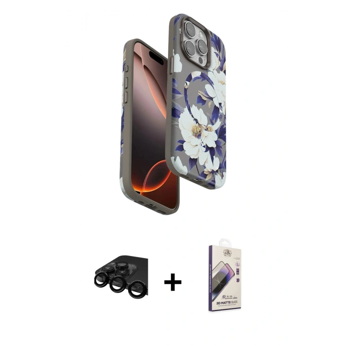 MARSİLYAN™- iPhone 15 Pro Max Kılıf Siluet Doku - Siyah Bilvis 3D Mat Cam Ekran Koruyucu + Raze Metal Kamera Lens - SH