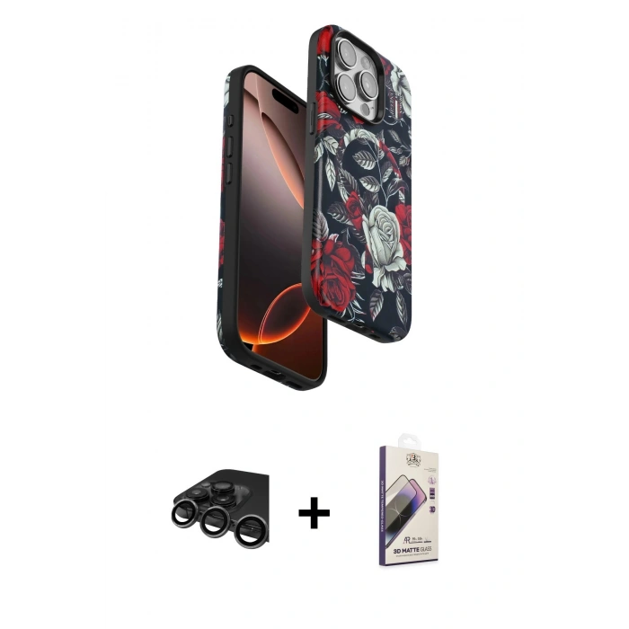 MARSİLYAN™- iPhone 15 Pro Max Kılıf Siluet Doku - Siyah Bilvis 3D Mat Cam Ekran Koruyucu + Raze Metal Kamera Lens - TMGI