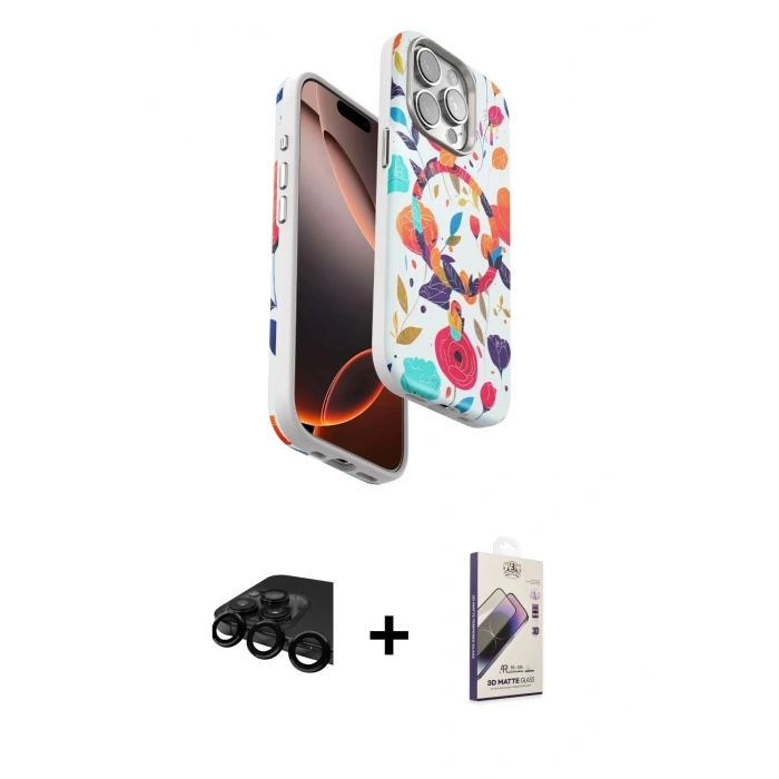 MARSİLYAN™- iPhone 15 Pro Max Kılıf Siluet Doku - Siyah Bilvis 3D Mat Cam Ekran Koruyucu + Raze Metal Kamera Lens - SH
